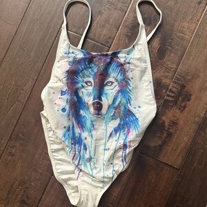 Women’s One Piece with Wolf Design - Blue and White